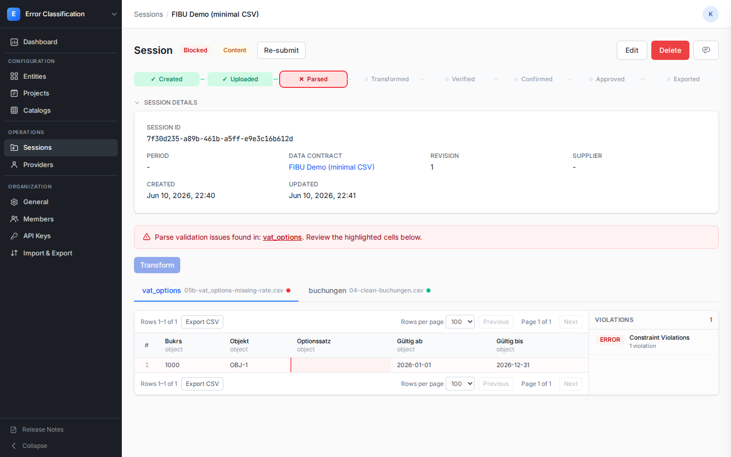 A content error: the Content badge, the flagged stage, and the offending cell highlighted in the data grid alongside its violation