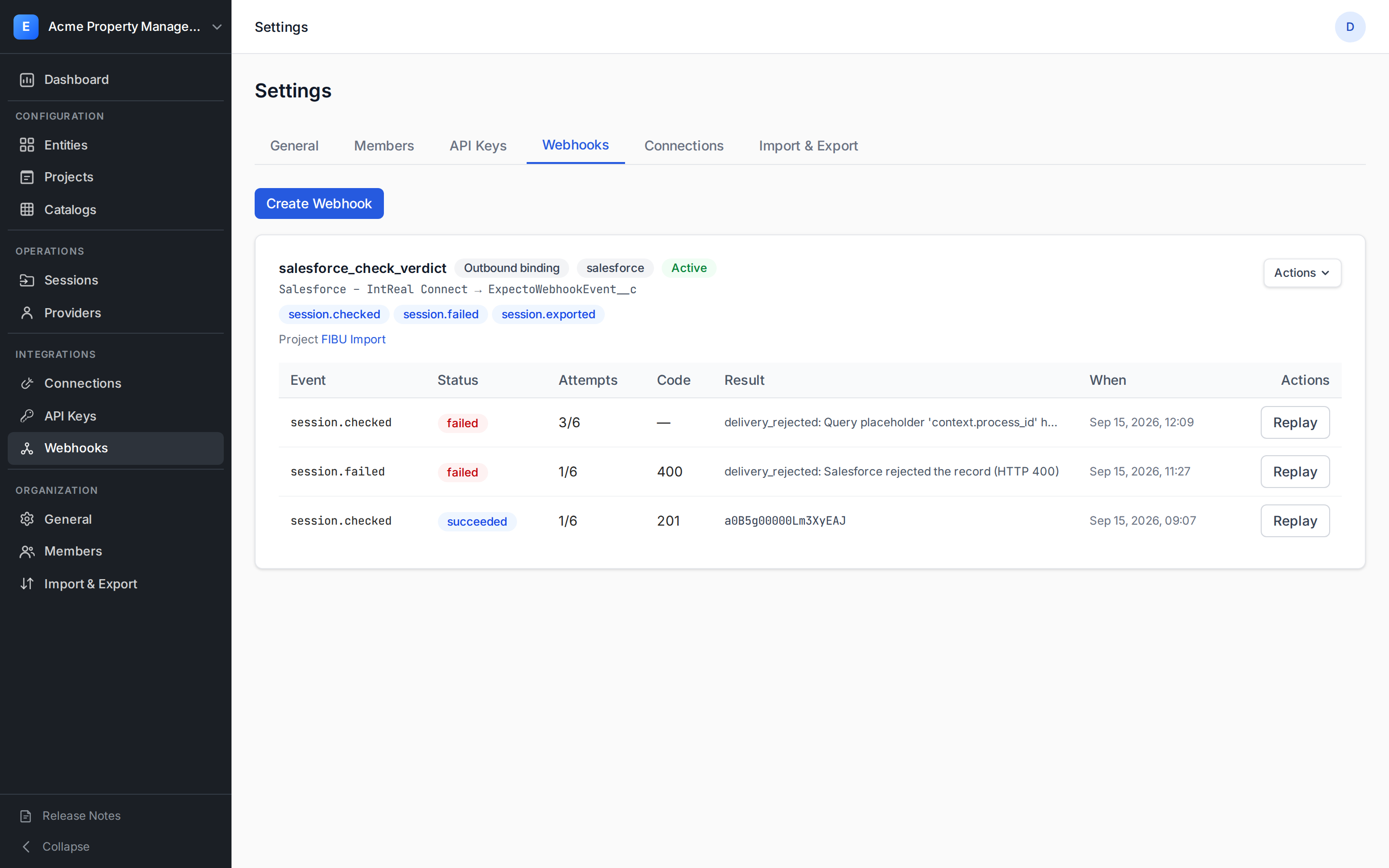 Delivery log of the Salesforce binding with a succeeded, a failed, and a pending delivery