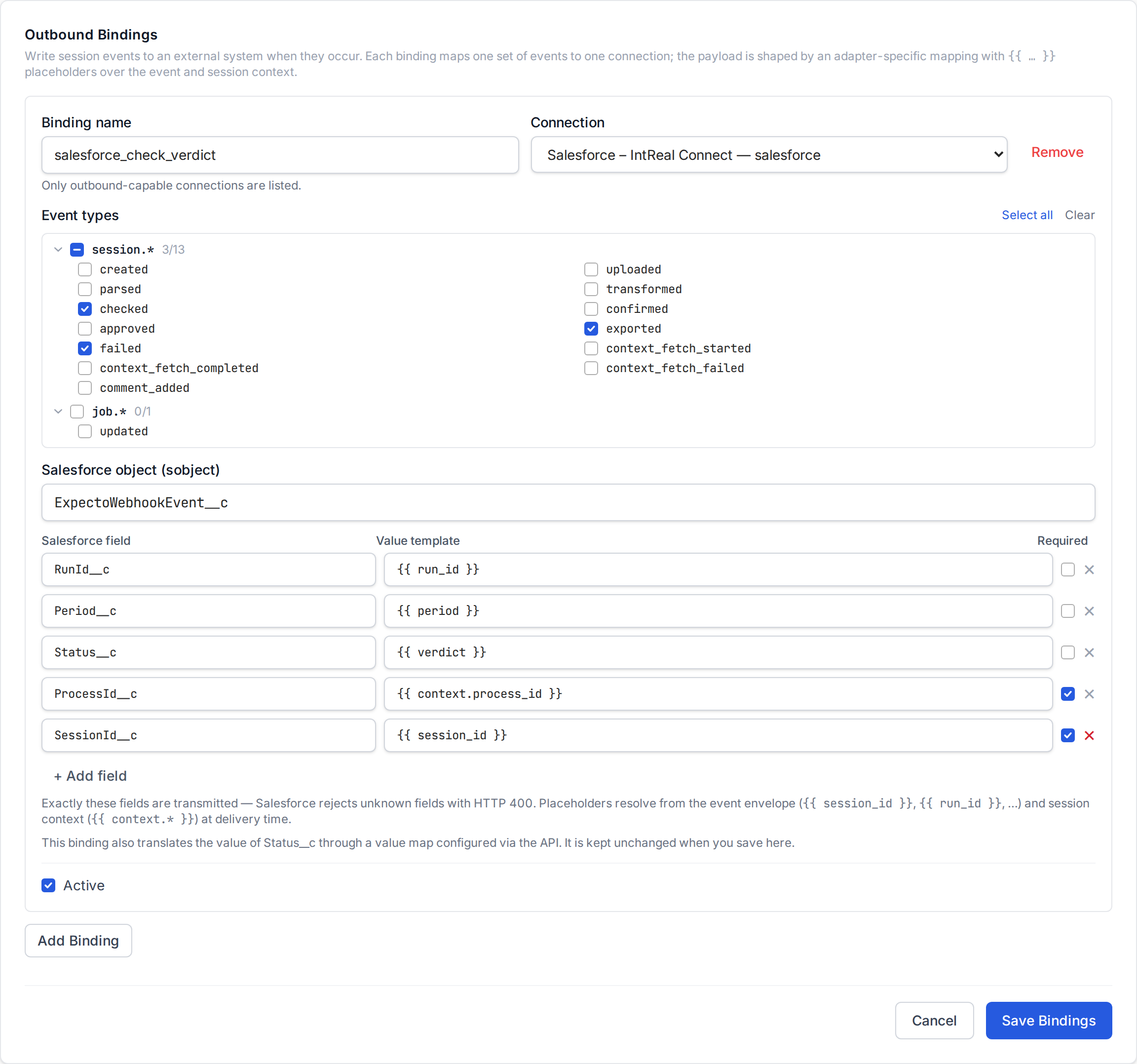Outbound binding editor with the Salesforce field mapping
