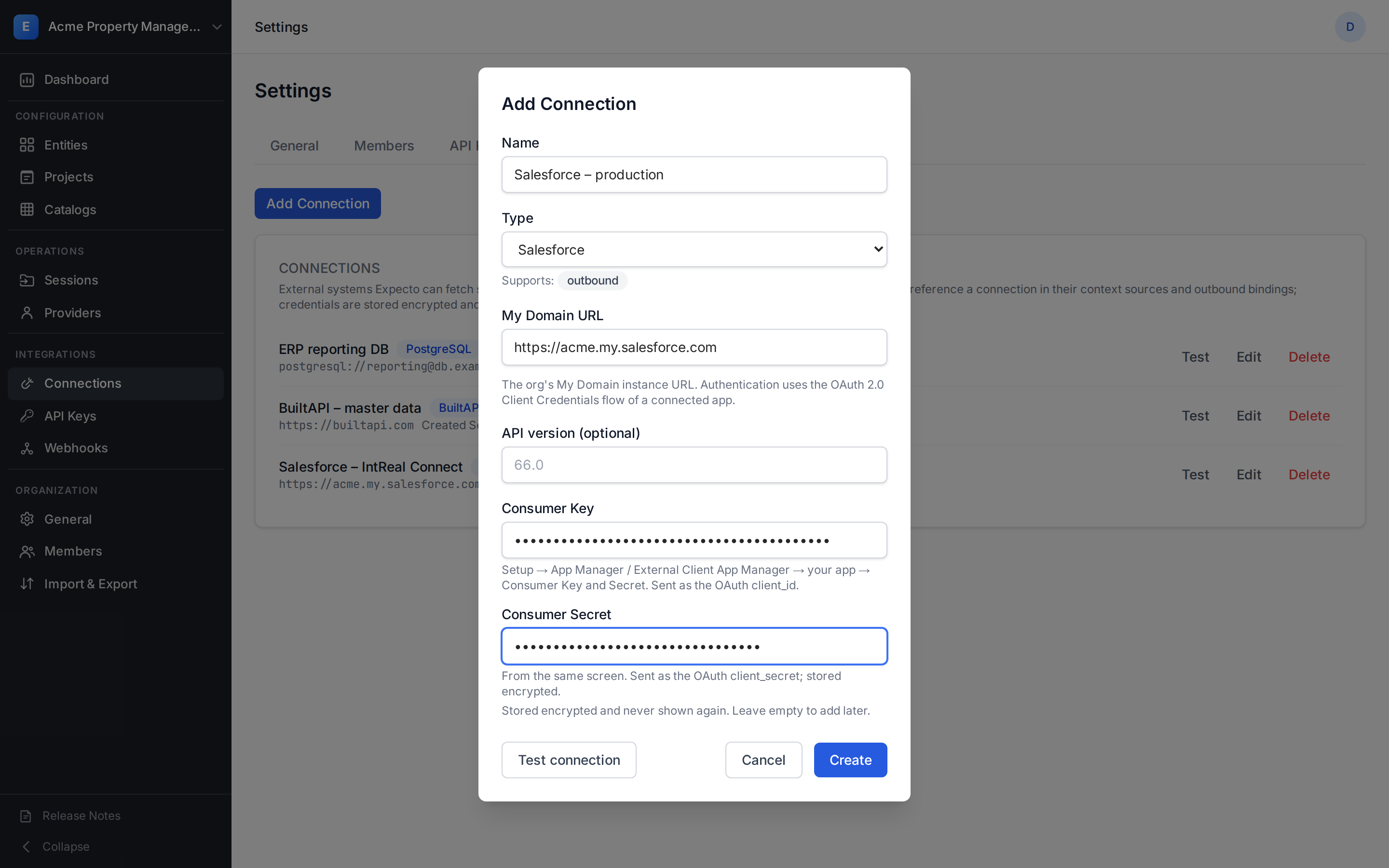 Add Connection dialog with the Salesforce type selected