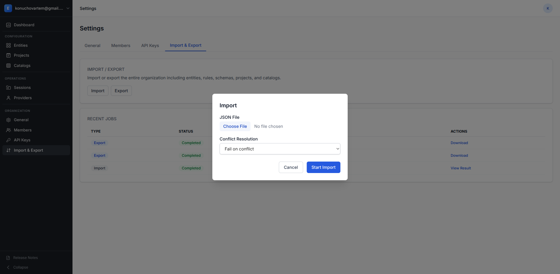 Import dialog with JSON file picker and Conflict Resolution selector