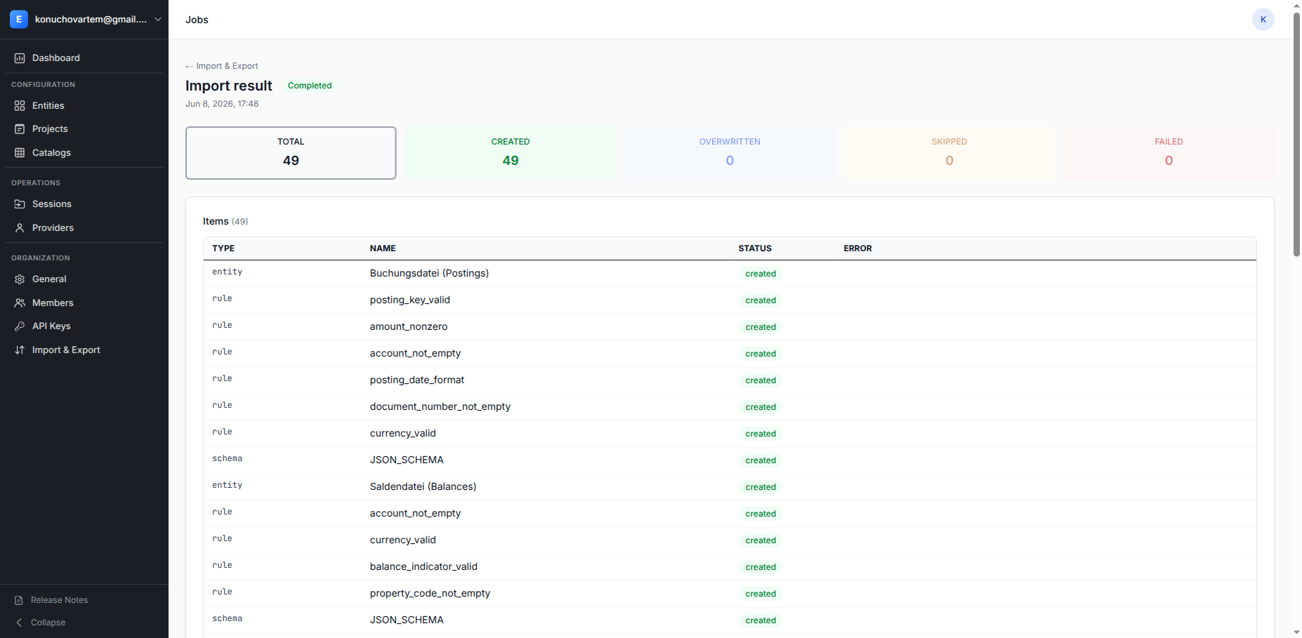 Import result page with Total/Created/Overwritten/Skipped/Failed tiles and the items table