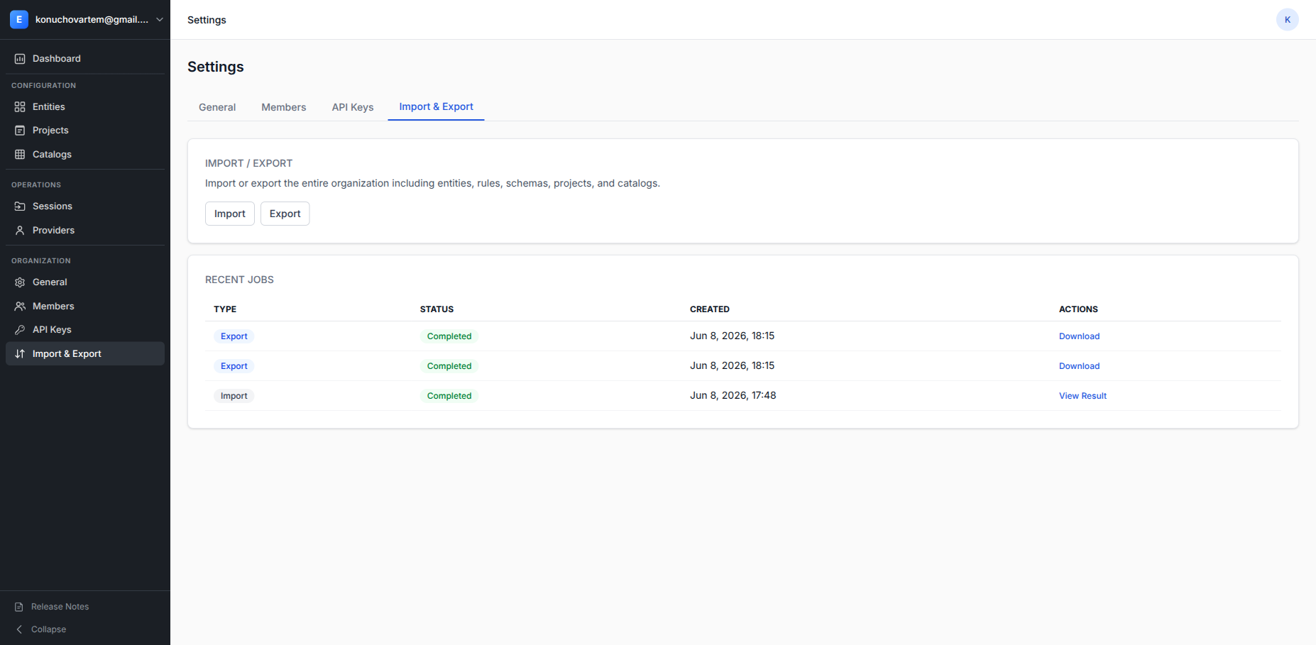 Settings → Import & Export with the Import/Export card and Recent jobs list