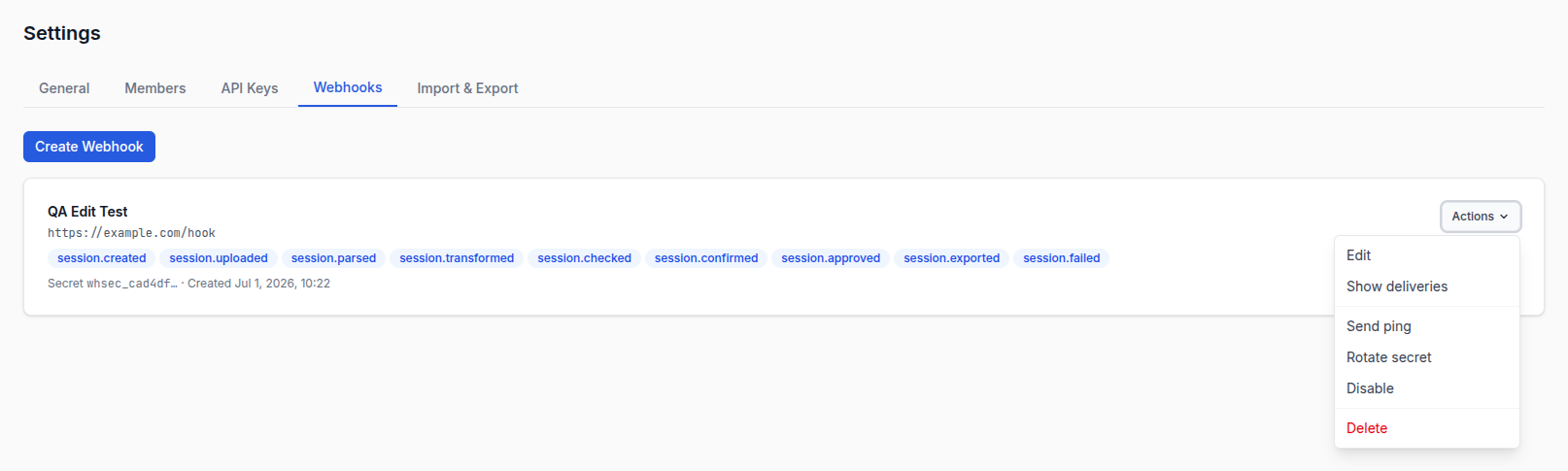 The Actions dropdown open on an endpoint card