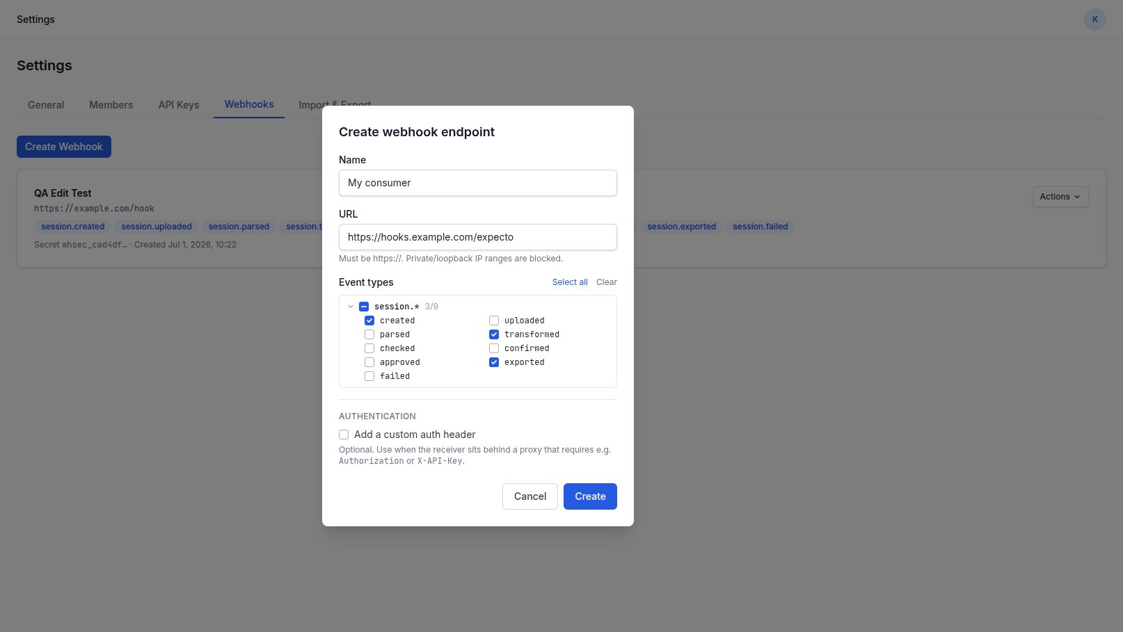 The create dialog with name, URL, and event-type checkboxes filled in