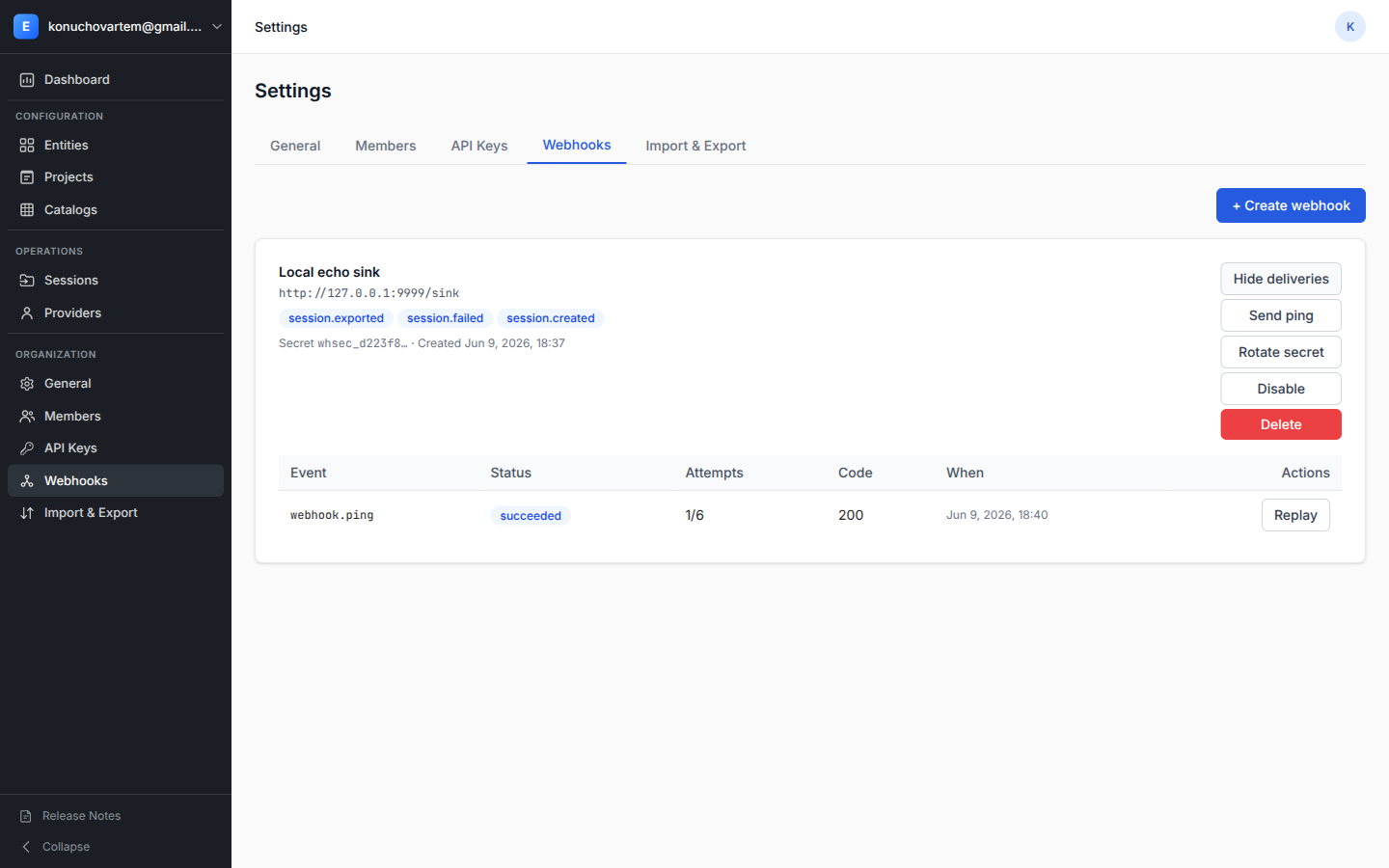 Delivery log showing one succeeded webhook.ping