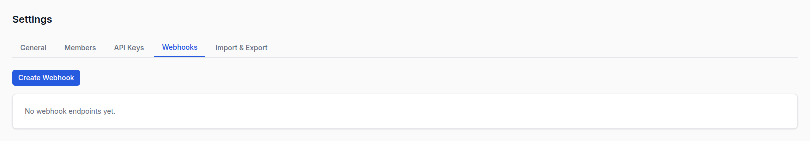 Settings → Webhooks tab with the empty state