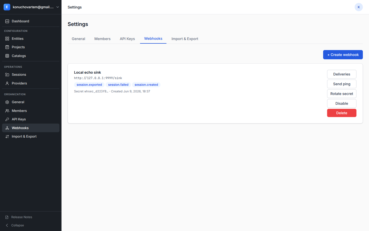 The endpoint list with one created endpoint