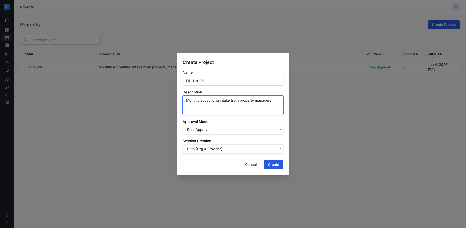 Create Project dialog with name and description filled in