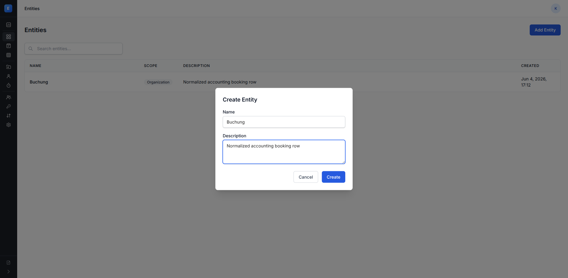 Create Entity dialog