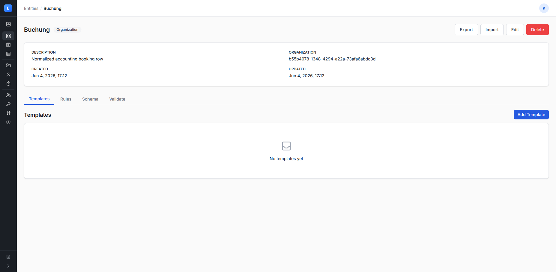 Entity detail page with schema and rules