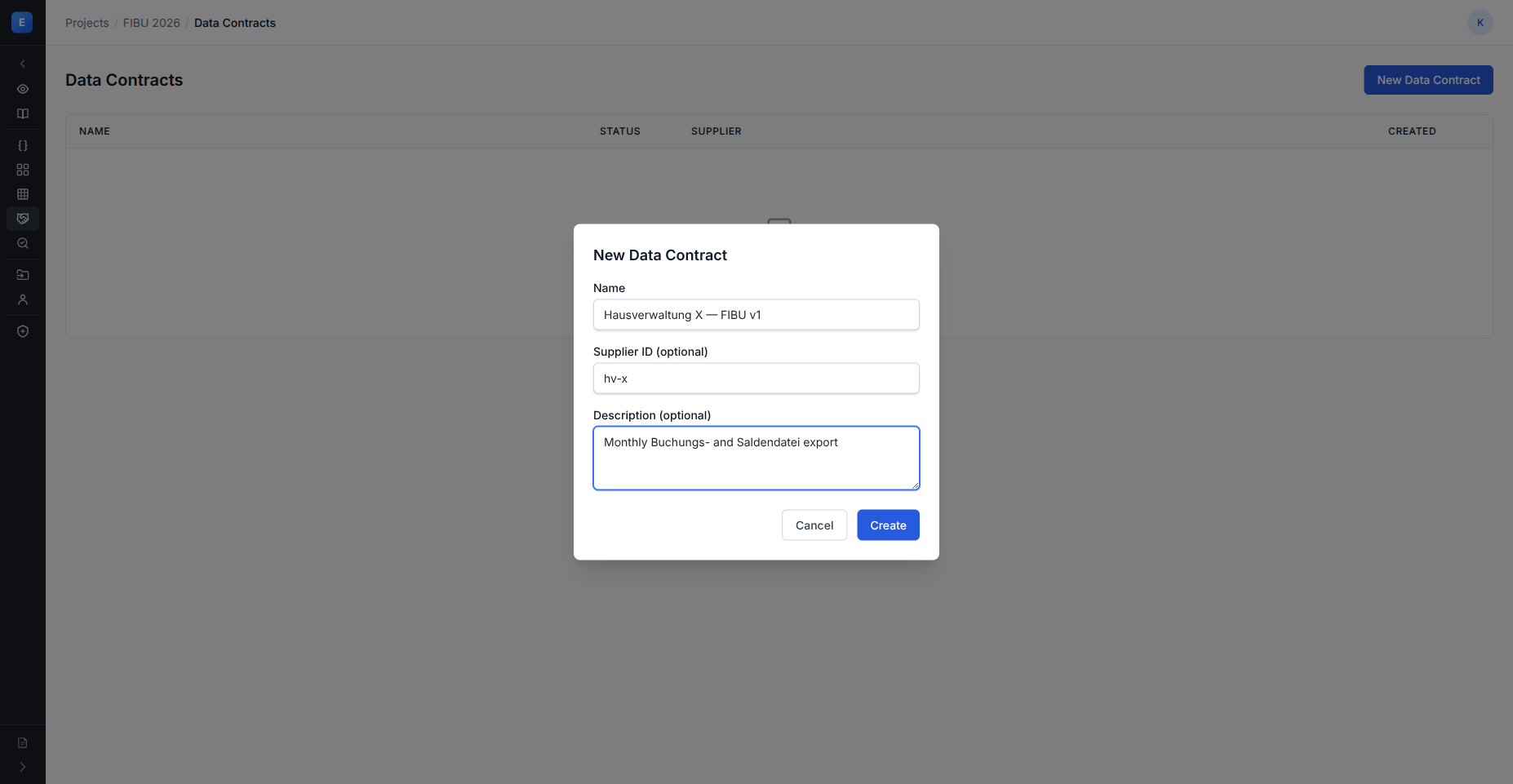 New Data Contract dialog