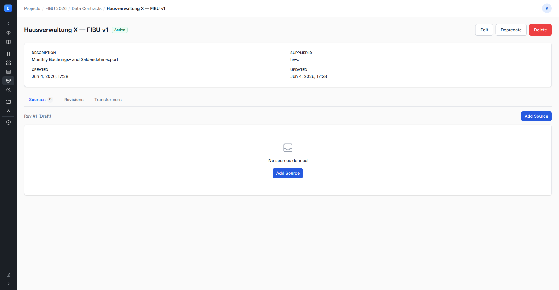 Data contract detail with Sources, Revisions and Transformers tabs