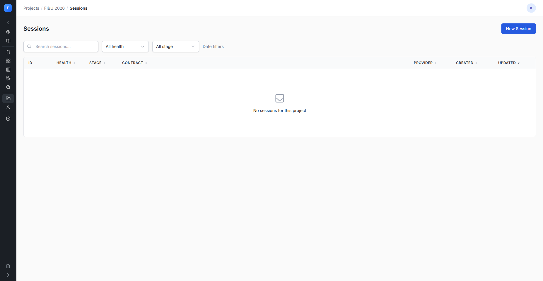 Project Sessions tab with health and stage columns